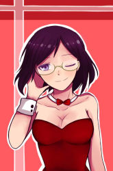 Rule 34 | 10s, 1girl, adjusting hair, alternate costume, arm at side, bare arms, bare shoulders, black hair, bow, bowtie, breasts, cleavage, closed mouth, collarbone, detached collar, female focus, glasses, hand up, kantai collection, kirishima (kancolle), leotard, looking at viewer, medium breasts, multicolored background, neck, no headgear, one eye closed, pink background, playboy bunny, purple eyes, red background, red bow, red bowtie, red leotard, semi-rimless eyewear, short hair, smile, solo, strapless, strapless leotard, two-tone background, upper body, wink, wrist cuffs, zombiemaito