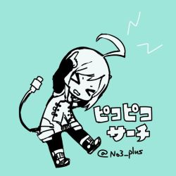 Rule 34 | 1boy, ahoge, android, chibi, electric plug, closed eyes, full body, leaning forward, long sleeves, male focus, n03+, short hair, simple background, solo, utatane piko, vocaloid