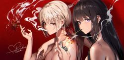 Rule 34 | 2girls, arm around shoulder, black hair, blonde hair, breasts, collarbone, commentary request, earrings, flower, highres, holding, holding lighter, implied nude, inoue takina, jewelry, lighter, long hair, looking at viewer, lycoris recoil, medium breasts, multiple girls, neko (yanshoujie), nishikigi chisato, pendant, purple eyes, red background, red eyes, short hair, signature, single earring, smoke, smoke trail, smoking, spider lily, tattoo, topless, upper body, zippo lighter