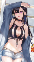 Rule 34 | 1girl, absurdres, armpits, bikini, black bikini, black choker, black hair, blue hair, blue jacket, blue nails, blue shorts, breasts, center opening, choker, cleavage, cup, drinking straw, flower, front-tie bikini top, front-tie top, hair between eyes, hibiscus, highres, ichinose uruha, ichinose uruha (summer c102), jacket, large breasts, long hair, long sleeves, looking at viewer, lying, multi-strapped bikini, multicolored hair, navel, on back, open clothes, open jacket, open mouth, open shorts, purple eyes, riannon neko, short shorts, shorts, solo, star (symbol), star choker, stomach, streaked hair, sweat, swimsuit, tropical drink, virtual youtuber, vspo!, white bikini