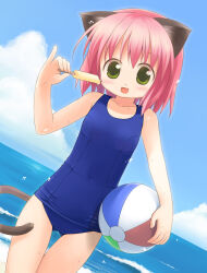 Rule 34 | 1girl, :d, animal ears, ball, beach, beachball, blue one-piece swimsuit, blue sky, blush, cat ears, cat girl, cat tail, cloud, commentary request, cowboy shot, day, dutch angle, emurin, flat chest, food, green eyes, happy, holding, holding ball, holding beachball, horizon, looking at viewer, ocean, one-piece swimsuit, open mouth, original, outdoors, pink hair, pinky out, popsicle, school swimsuit, short hair, sky, smile, solo, swimsuit, tail, thigh gap, water