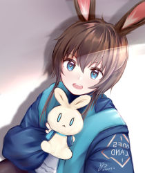 Rule 34 | 1girl, amiya (arknights), animal ears, arknights, blue eyes, blue jacket, brown hair, commentary request, drop shadow, hair between eyes, highres, holding, holding stuffed toy, jacket, long sleeves, looking at viewer, open mouth, puffy short sleeves, puffy sleeves, rabbit ears, short hair with long locks, short sleeves, solo, stuffed animal, stuffed rabbit, stuffed toy, upper body, white background, yolandabaka