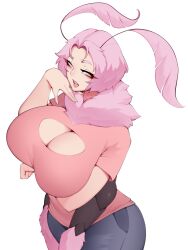 Rule 34 | 1girl, antennae, arm under breasts, arthropod girl, blush, breasts, cleavage, cleavage cutout, clothing cutout, collar, denim, eyelashes, fur collar, highres, huge breasts, insect girl, jeans, leppi (luxurias), looking at viewer, luxu, medium hair, moth girl, narrowed eyes, open mouth, original, pants, pink collar, pink eyes, pink hair, pink shirt, shirt, short hair, short sleeves, simple background, solo, teeth, white background