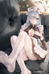 Rule 34 | 1girl, absurdres, alternate costume, apron, black dress, black panties, blue eyes, blush, breasts, cleavage, closed mouth, couch, dress, embarrassed, enmaided, feet, foot focus, foreshortening, frown, genshin impact, grey hair, hamong0, highres, indoors, juliet sleeves, knee up, large breasts, leg up, long hair, long sleeves, looking at viewer, lying, maid, maid headdress, no bra, no shoes, on back, on couch, open clothes, open dress, panties, pantyshot, puffy sleeves, shenhe (genshin impact), soles, solo, tearing up, tears, thighhighs, unbuttoned, underwear, upskirt, waist apron, white apron