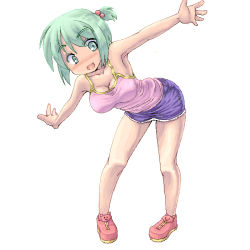 Rule 34 | 1girl, :d, armpits, bent over, blue eyes, breasts, camisole, downblouse, eyebrows, full body, green hair, koppamu, large breasts, looking at viewer, open mouth, original, outstretched arms, shoes, short hair, shorts, smile, sneakers, solo, standing
