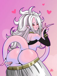 Rule 34 | 1girl, android 21, ass, ass grab, black sclera, breasts, clothes lift, colored sclera, colored skin, dragon ball, dragon ball fighterz, from behind, harem pants, heart, highres, looking back, majin android 21, nail polish, pants, pink skin, pointy ears, red eyes, smile, solo, strapless, tail, tube top, tube top lift, white hair