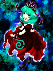 Rule 34 | 1girl, :d, arm ribbon, black footwear, blue background, dress, front ponytail, full body, green background, green eyes, green hair, hair ribbon, highres, kagiyama hina, looking at viewer, multicolored background, official style, open mouth, parasite oyatsu, red dress, red ribbon, ribbon, short sleeves, smile, solo, teeth, touhou, upper teeth only, zun (style)