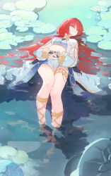 Rule 34 | 1girl, absurdres, bare legs, blue skirt, blush, breasts, closed mouth, crop top, fishofthelakes, genshin impact, gladiator sandals, gold trim, harem outfit, highres, legs, lily pad, long hair, long sleeves, lying, lying on water, medium breasts, nilou (genshin impact), no headwear, no horns, on back, outdoors, own hands together, puffy long sleeves, puffy sleeves, sandals, skirt, sleeping, solo, stomach, thighlet, thighs, twintails, very long hair, water, white sleeves