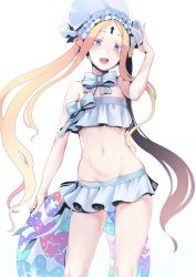 Rule 34 | 1girl, abigail williams (fate), abigail williams (swimsuit foreigner) (fate), abigail williams (swimsuit foreigner) (third ascension) (fate), bare shoulders, bikini, blonde hair, blue eyes, bonnet, bow, breasts, commentary, fate/grand order, fate (series), forehead, hair bow, hair rings, highres, innertube, keyhole, long hair, nakamura regura, navel, open mouth, parted bangs, sidelocks, small breasts, smile, solo, swim ring, swimsuit, thighs, twintails, very long hair, white bikini, white bow, white headwear