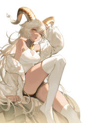 Rule 34 | 1girl, animal ears, arknights, beeswax (arknights), beeswax (weisser sand) (arknights), black shorts, cardigan, commentary, female focus, goat ears, goat girl, goat horns, gold trim, hand on own head, highres, horns, knee up, mosi l, official alternate costume, one eye closed, open cardigan, open clothes, open mouth, shirt, shorts, simple background, sitting, sleeveless, sleeveless shirt, solo, symbol-only commentary, teeth, thighhighs, thighs, white background, white cardigan, white shirt, white thighhighs, yellow eyes