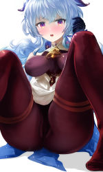 Rule 34 | 1girl, ahoge, ass, bare shoulders, black pantyhose, blue hair, blush, bodysuit, breasts, embarrassed, ganyu (genshin impact), genshin impact, gloves, gold trim, highres, horns, large breasts, long hair, looking at viewer, neck bell, open mouth, pantyhose, red eyes, shiny clothes, shiny skin, sitting, solo, spread legs, uenoryoma, waist cape