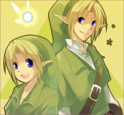 Rule 34 | 2boys, back-to-back, bad id, bad pixiv id, blonde hair, blue eyes, dual persona, edacchi, fairy, hat, link, male focus, multiple boys, navi, nintendo, pointy ears, smile, the legend of zelda, the legend of zelda: ocarina of time, time paradox, young link