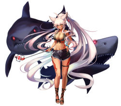 Rule 34 | 1girl, absurdres, ahoge, alternate costume, animal ears, b-pang, breasts, cleavage, concept art, dark-skinned female, dark skin, full body, grin, guardian tales, highres, holding, ice witch lupina, long hair, multicolored hair, nail polish, navel, ponytail, shark, shorts, sleeveless, smile, standing, tattoo, white background, wolf ears, wolf girl, yellow eyes