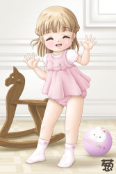 Rule 34 | 1girl, artist request, ball, blush, brown hair, child, diaper, closed eyes, flat chest, highres, rocking horse, socks, solo, standing, tagme