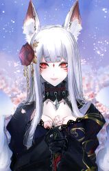 Rule 34 | 1girl, animal ear fluff, animal ears, black gloves, breasts, cleavage, commentary, double-parted bangs, english commentary, facial mark, flower, forehead mark, fox ears, fox girl, gloves, grey hair, hair flower, hair ornament, highres, long hair, medium breasts, medium hair, nijisanji, nijisanji en, nina kosaka, nina kosaka (2nd costume), red eyes, red flower, red rose, rose, short eyebrows, smile, solo, umi (potato 2539), virtual youtuber