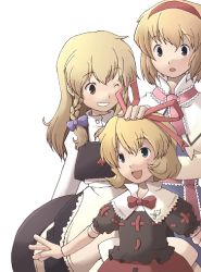 Rule 34 | 3girls, alice margatroid, ascot, blonde hair, bow, braid, doll joints, female focus, grin, hairband, hand on another&#039;s head, hat, joints, kirisame marisa, long hair, medicine melancholy, multiple girls, one eye closed, ribbon, sakura (medilore), short hair, smile, touhou, white background, witch hat