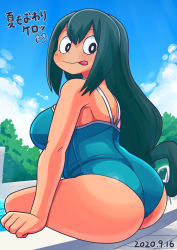Rule 34 | 1girl, :&gt;, :p, ass, asui tsuyu, blue one-piece swimsuit, blush, boku no hero academia, breasts, dated, frog girl, from behind, goggles, goggles on head, green hair, hair between eyes, highres, huge ass, large breasts, leonardo 16sei, long hair, looking at viewer, looking back, low-tied long hair, one-piece swimsuit, pool, poolside, smile, solo, swimsuit, tongue, tongue out