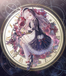 Rule 34 | 1girl, bonnet, braid, clock, dress, frilled bonnet, frills, gothic lolita, highres, holding, holding pocket watch, juliet sleeves, lace, lolita fashion, long hair, long sleeves, lsttail, lying, original, pantyhose, pocket watch, puffy sleeves, ribbon, solo, watch, white hair, white pantyhose, yellow eyes