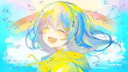 Rule 34 | 1girl, absurdres, blue background, blue hair, bubble, closed eyes, commentary request, floating hair, happy, highres, irodori warabi, looking at viewer, open mouth, original, pastel colors, rainbow, rainbow hair ornament, raincoat, short hair, simple background, smile, solo, tongue, upper body, yellow raincoat