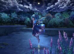 Rule 34 | 1girl, bamboo23091, blue dress, blue hair, bow, cirno, cloud, cloudy sky, commentary, detached wings, dress, flying, forest, full moon, green bow, hair bow, ice, ice wings, moon, mountain, nature, night, night sky, pinafore dress, plant, puffy short sleeves, puffy sleeves, ripples, scenery, short sleeves, sky, sleeveless, sleeveless dress, solo, touhou, water, wings