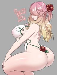 Rule 34 | 1girl, 2021, agawa ryou, ass, bare shoulders, blonde hair, breasts, commentary, dated, english commentary, flower, grey background, hair over eyes, large breasts, leotard, long hair, original, parted lips, pout, rose, signature, simple background, smile, solo, thighs, white leotard