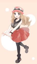 Rule 34 | 1girl, :d, absurdres, black footwear, black thighhighs, blonde hair, blush, bracelet, breasts, collared shirt, commentary request, creatures (company), eyewear on headwear, full body, game freak, grey eyes, happy, hat, highres, jewelry, large breasts, long hair, looking at viewer, nasakixoc, nintendo, open mouth, pleated skirt, pokemon, pokemon xy, red skirt, serena (pokemon), shirt, shoes, skirt, smile, solo, sunglasses, thighhighs, white-framed eyewear