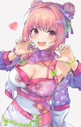 Rule 34 | 1girl, ahoge, alternate hairstyle, armpit peek, bangle, bare shoulders, belt, blue hair, border, bow, bracelet, breasts, chain, china dress, chinese clothes, claw pose, cleavage, collarbone, colored inner hair, covered navel, double bun, dress, earrings, fang, green bracelet, green nails, hair bow, hair bun, hair intakes, hair ornament, heart, heart hair ornament, highres, idolmaster, idolmaster cinderella girls, idolmaster cinderella girls starlight stage, jacket, jacket partially removed, jewelry, large breasts, leaning forward, legs, light blue hair, light blush, lips, looking at viewer, multicolored hair, multicolored nails, nail art, nail polish, official alternate costume, official alternate hairstyle, open mouth, pink belt, pink eyes, pink hair, pink nails, purple bow, purple jacket, purple nails, shadow, shiidap, simple background, smile, solo, standing, thighs, tight clothes, tight dress, two-tone hair, white background, white border, white nails, wing hair ornament, wrist chain, yumemi riamu