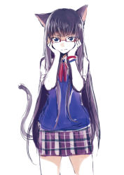 Rule 34 | 1girl, animal ears, arisaka ako, cat ears, cat tail, glasses, hands on own cheeks, hands on own face, long hair, original, plaid, plaid skirt, simple background, sketch, skirt, solo, sweater vest, tail, very long hair, white background