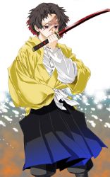 Rule 34 | 1boy, amputee, black hair, black pants, blue eyes, blue hakama, colored tips, covered mouth, covering own mouth, cowboy shot, hakama, hand over own mouth, hand up, highres, holding, holding sword, holding weapon, japanese clothes, kagarigari, kagarigari&#039;s demon slayer, katana, layered sleeves, long sleeves, male focus, mintiaorion, multicolored hair, pants, pants tucked in, puffy pants, red eyes, red hair, sash, scar, scar across eye, scar on face, scar on forehead, shirt, short hair, short over long sleeves, short sleeves, solo, standing, streaked hair, sword, weapon, white shirt, wide sleeves