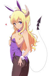 Rule 34 | 1girl, :q, ahoge, animal ears, ass, bare shoulders, black pantyhose, blonde hair, blush, bow, bowtie, breasts, cleavage, dark-skinned female, dark skin, demon girl, demon horns, demon tail, detached collar, fake animal ears, heart, highres, horns, leotard, lilith (machikado mazoku), long hair, looking at viewer, machikado mazoku, mel (melty pot), pantyhose, playboy bunny, pointy ears, purple eyes, purple leotard, rabbit ears, rabbit tail, revision, side-tie leotard, simple background, small breasts, solo, strapless, strapless leotard, tail, tongue, tongue out, white background, wrist cuffs