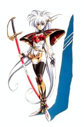 Rule 34 | 1990s (style), 1girl, armor, bandages, belt, black thighhighs, breastplate, clenched hand, dress, expressionless, fantasy, fingerless gloves, gloves, greaves, hair between eyes, hair ornament, highres, holding, huge weapon, langrisser, langrisser iii, leotard, long hair, looking at viewer, luna (langrisser), official art, pauldrons, red eyes, retro artstyle, shadow, sheath, sheathed, short dress, shoulder armor, side slit, simple background, solo, spiked hair, standing, sword, thighhighs, turtleneck, twintails, urushihara satoshi, very long hair, weapon, white background, white hair