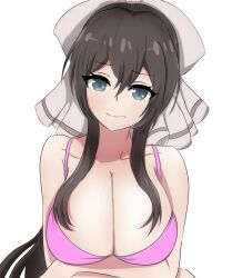 Rule 34 | 1girl, aqua eyes, arms under breasts, assault lily, bare arms, bare shoulders, blush, bow, bra, breasts, brown bow, brown hair, cleavage, closed mouth, collarbone, commentary request, crossed arms, hair between eyes, hair bow, head tilt, highres, large breasts, long hair, looking at viewer, nukenin (maato), pink bra, serizawa chikaru, sidelocks, simple background, solo, underwear, underwear only, upper body, white background