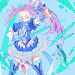 Rule 34 | 10s, 1girl, :p, blue skirt, boots, brooch, cure beat, guitar, hand on own hip, heart, hip focus, hummy (suite precure), instrument, jewelry, kurokawa eren, long hair, magical girl, open mouth, paint, precure, purple hair, seiren (suite precure), side ponytail, skirt, suite precure, thigh boots, thighhighs, tongue, tongue out, yellow eyes, yuuki (irodo rhythm)