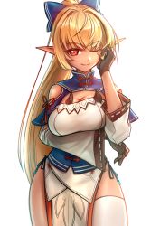 Rule 34 | 1girl, ;), absurdres, arm under breasts, black gloves, blonde hair, bow, breast lift, breasts, contrapposto, dark-skinned female, dark skin, detached sleeves, elf, gloves, hair bow, high ponytail, highres, hololive, large breasts, long hair, long sleeves, looking at viewer, one eye closed, pelvic curtain, pointy ears, ponytail, red eyes, ribbon-trimmed sleeves, ribbon trim, shiranui flare, shiranui flare (old design), simple background, single thighhigh, smile, solo, somebody (leiking00), thighhighs, very long hair, virtual youtuber, white background, white thighhighs, wide sleeves