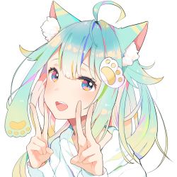 Rule 34 | 1girl, :d, ahoge, animal ear fluff, animal ears, aqua hair, bad id, bad pixiv id, blush, cat ears, double v, fang, hair between eyes, hands up, highres, hood, hood down, hooded jacket, jacket, long hair, looking at viewer, mao ge, open mouth, original, paw hair ornament, simple background, smile, solo, upper body, v, white background, white jacket