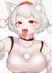 Rule 34 | 1girl, absurdres, animal ear fluff, animal ears, bad id, bad pixiv id, bare shoulders, blush, breasts, detached sleeves, fang, hat, highres, inubashiri momiji, large breasts, looking at viewer, open mouth, oral invitation, pom pom (clothes), red eyes, saliva, short hair, simple background, solo, take (take143000), tokin hat, tongue, tongue out, touhou, upper body, uvula, white background, white hair, wolf ears