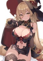 Rule 34 | 1girl, arm support, black gloves, black hat, blonde hair, blush, breasts, cleavage, closed mouth, fang, gloves, hair between eyes, hat, highres, kurige horse, large breasts, long hair, looking at viewer, navel, nijisanji, nui sociere, nui sociere (1st costume), simple background, sitting, skin fang, smile, solo, thighs, virtual youtuber, white background, witch hat, yellow eyes