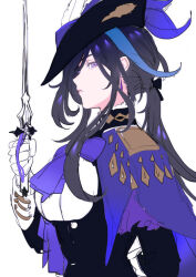 Rule 34 | 1girl, ascot, black hair, black hat, blue hair, breasts, clorinde (genshin impact), from side, genshin impact, gloves, hat, holding, holding sword, holding weapon, long hair, long sleeves, looking at viewer, multicolored hair, onegingek, profile, purple ascot, purple eyes, simple background, solo, sword, tricorne, upper body, weapon, white background, white gloves