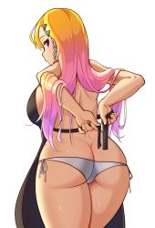 Rule 34 | 1girl, ajidot, apron, ass, black apron, blonde hair, boryeon (last origin), breasts, butt crack, dimples of venus, earrings, from behind, gradient hair, gyaru, highres, jewelry, kogal, large breasts, last origin, long hair, looking at viewer, looking back, multicolored hair, nearly naked apron, panties, purple eyes, purple hair, side-tie panties, simple background, solo, thighs, tying apron, underwear, white background