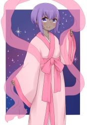 Rule 34 | 1girl, :d, blush, dark-skinned female, dark skin, fate/prototype, fate/prototype: fragments of blue and silver, fate (series), hagoromo, hair between eyes, hassan of serenity (fate), i.u.y, japanese clothes, kimono, long sleeves, open mouth, pinching sleeves, pink kimono, purple eyes, purple hair, round teeth, see-through, shawl, sidelocks, sky, sleeves past wrists, smile, solo, star (sky), starry sky, tanabata, teeth, upper teeth only, wide sleeves
