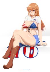 Rule 34 | 1girl, absurdres, american flag bikini, american flag print, bikini, bikini under clothes, blue eyes, blue shorts, boots, breasts, brown footwear, charlotte e. yeager, clothes lift, denim, denim shorts, flag print, front-tie bikini top, front-tie top, highres, large breasts, navel, orange hair, print bikini, shirt, shirt lift, short shorts, short sleeves, shorts, simple background, sitting, solo, stayaliveplz, strike witches, swimsuit, t-shirt, white background, white shirt, world witches series