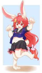 Rule 34 | 1girl, ahoge, animal ears, arm up, black ribbon, black skirt, blue shirt, clothes lift, daiha (setsuka), female focus, full body, furry, furry female, hair ornament, hand up, highres, jumping, long hair, looking at viewer, miniskirt, navel, open mouth, pleated skirt, rabbit, rabbit ears, rabbit tail, red eyes, red hair, ribbon, school uniform, shirt, shirt lift, short sleeves, skirt, smile, solo, standing, standing on one leg, tail, very long hair