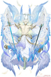 Rule 34 | 1boy, abs, absurdres, angel, angel wings, arms at sides, barefoot, character request, flying, full body, glowing, glowing eyes, glowing feather, halo, highres, horns, kamurai tribe, large horns, large pectorals, looking at viewer, male focus, mechanical halo, multiple wings, muscular, muscular male, nanase miri, navel, no nipples, official art, pectorals, short hair, solo, spread wings, topless male, white hair, wings