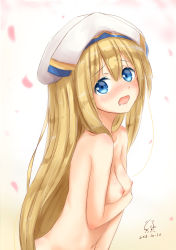 Rule 34 | 10s, 1girl, blonde hair, blue eyes, blush, breasts, completely nude, embarrassed, from side, goblin slayer!, hat, long hair, looking at viewer, navel, nipples, nude, open mouth, priestess (goblin slayer!), reiya, small breasts, solo, upper body, very long hair
