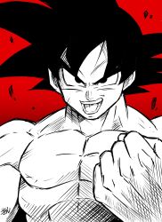 Rule 34 | 1boy, absurdres, clenched hand, commentary, crosshatching, dragon ball, dragonball z, hatching (texture), highres, liedein, male focus, monochrome, muscular, muscular male, open mouth, pectorals, red background, signature, smile, solo, son goku, topless male