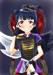 Rule 34 | 1girl, absurdres, artist name, artist request, asymmetrical wings, band uniform, belt, black gloves, black hat, black legwear, black shirt, black skirt, black wings, blue hair, blush, breasts, chair, collared shirt, crossed legs, epaulettes, female focus, fingerless gloves, frilled sleeves, frills, gloves, hair bun, hat, highres, in the unstabe world, in the unstabe world (love live!), long hair, looking at viewer, love live!, love live! school idol festival, love live! sunshine!!, mini hat, miniskirt, mismatched wings, on chair, parted lips, pink eyes, plaid, plaid skirt, pleated, pleated skirt, purple eyes, purple skirt, shirt, short sleeves, shoulder pads, side bun, single hair bun, sitting, skirt, small breasts, smile, solo, striped legwear, teeth, tsushima yoshiko, v, v over eye, white belt, white legwear, white wings, wings