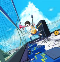 Rule 34 | 1girl, amplifier, brown hair, cable, effects pedal, electric guitar, fence, guitar, instrument, gibson les paul, marshall, megaphone, original, school uniform, short hair, skirt, sleeves rolled up, speaker, sweatband, taichi (tomo)