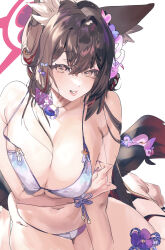 Rule 34 | 1girl, animal ear fluff, animal ears, arm under breasts, bikini, blue archive, blush, breasts, brown hair, cleavage, fox ears, fox tail, hair between eyes, halo, highres, kusoga kids, large breasts, looking at viewer, navel, official alternate costume, simple background, smile, solo, string bikini, swimsuit, tail, wakamo (blue archive), wakamo (swimsuit) (blue archive), white background