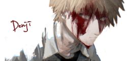 Rule 34 | 1boy, black necktie, bleeding, bleeding from forehead, blonde hair, blood, blood on face, chainsaw man, collared shirt, denji (chainsaw man), highres, looking to the side, necktie, shirt, short hair, simple background, solo, tasuketemama, white background, white shirt, yellow eyes