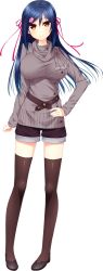 Rule 34 | 1girl, belt, black thighhighs, blue hair, blush, breasts, female focus, full body, game cg, giga (company), highres, kagami suzuha, large breasts, legs, long hair, long sleeves, looking at viewer, nironiro, ren&#039;ai phase, shoes, shorts, simple background, solo, standing, thighhighs, thighs, white background, yellow eyes